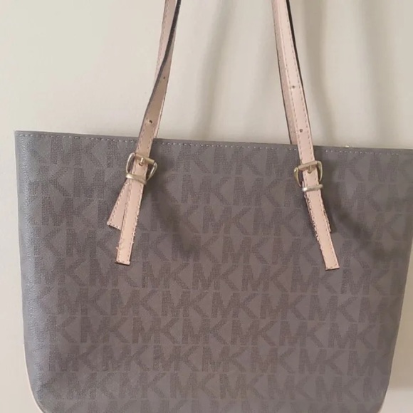 MICHAEL KORS BROWN CREAM TOTE LARGE LOGO BAG PURSE - Picture 2 of 14